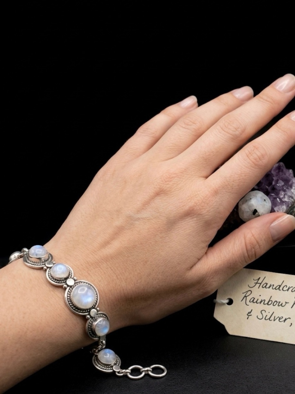 Handcrafted Rainbow Moonstone Silver Bracelet - White/Blue Hues